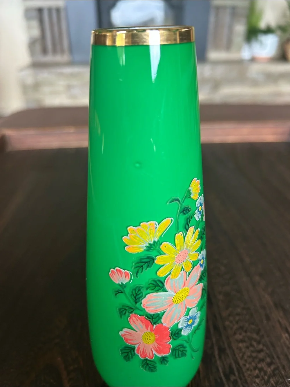 Vintage Emerald Green Art Glass Vase Hand Painted Enamel Floral Gold Trim 9” MCM